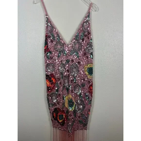 ASOS EDITION Floral Embellished Cami Fringe Dress 12 Pink Swiftie Bachelorette - Picture 5 of 10